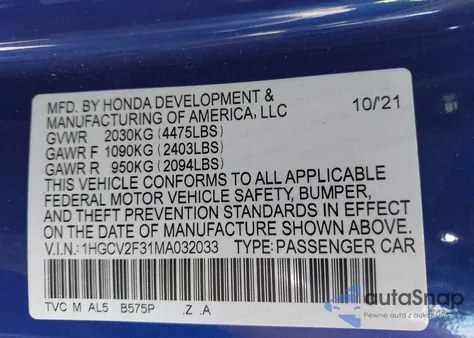 2021 Honda Accord Sport 2.0T from USA, damaged, VIN 1HGCV2F31MA032033